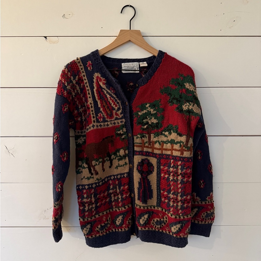 Vintage-Inspired Red & Navy Patterned Women's Cardigan Sweater